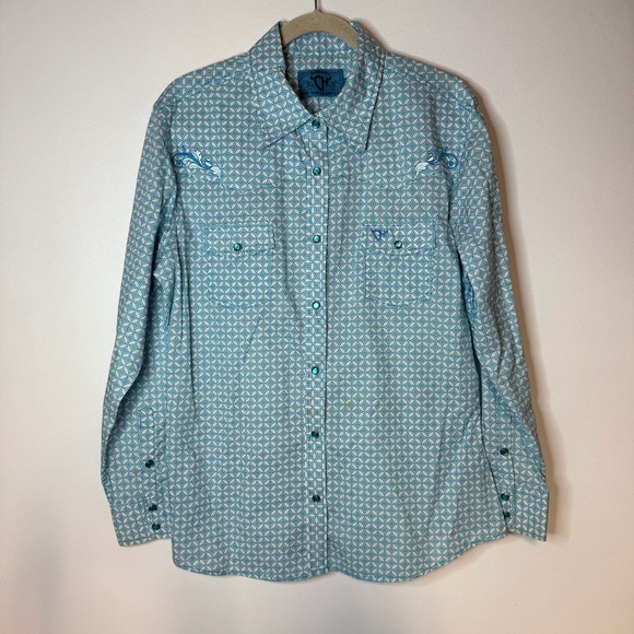 Cowgirl Hardware Blue Pearl Snap Shirt Embroidered Western Christian Cross - Picture 1 of 8